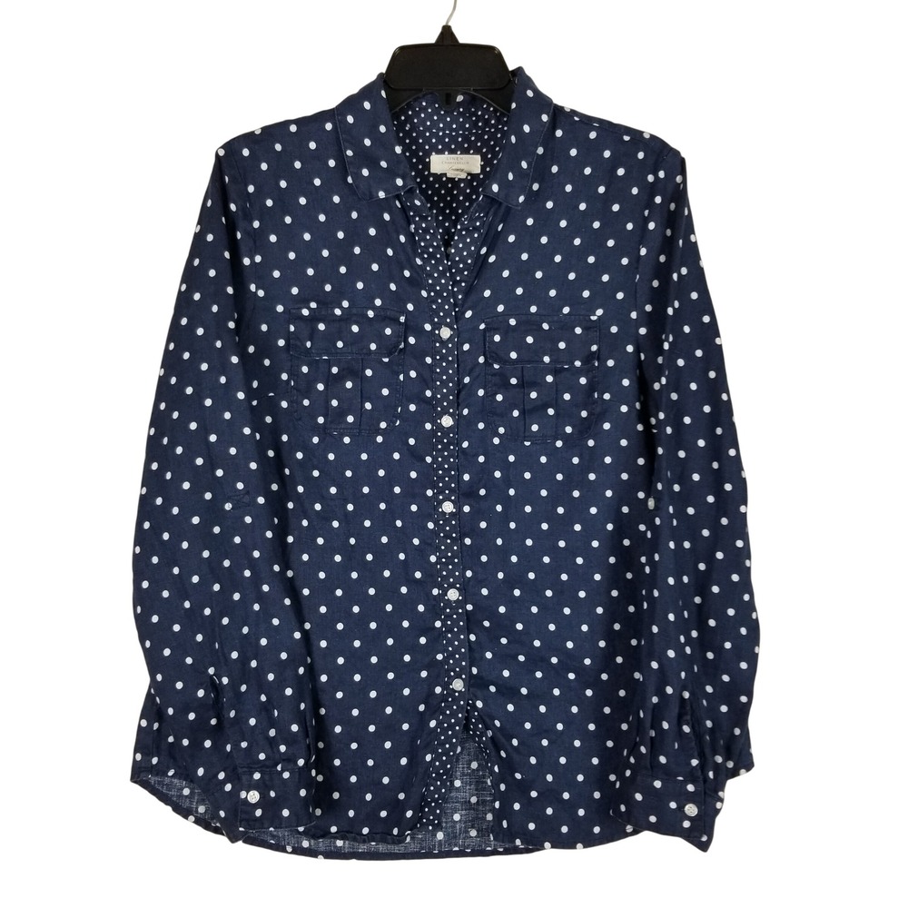 Charter Club Linen Button Down Women M Navy Blue Polka Dot Long Sleeve Shirt